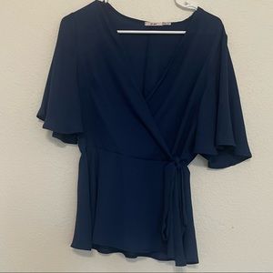 Francesca’s Navy blue blouse v-neck Medium with tie